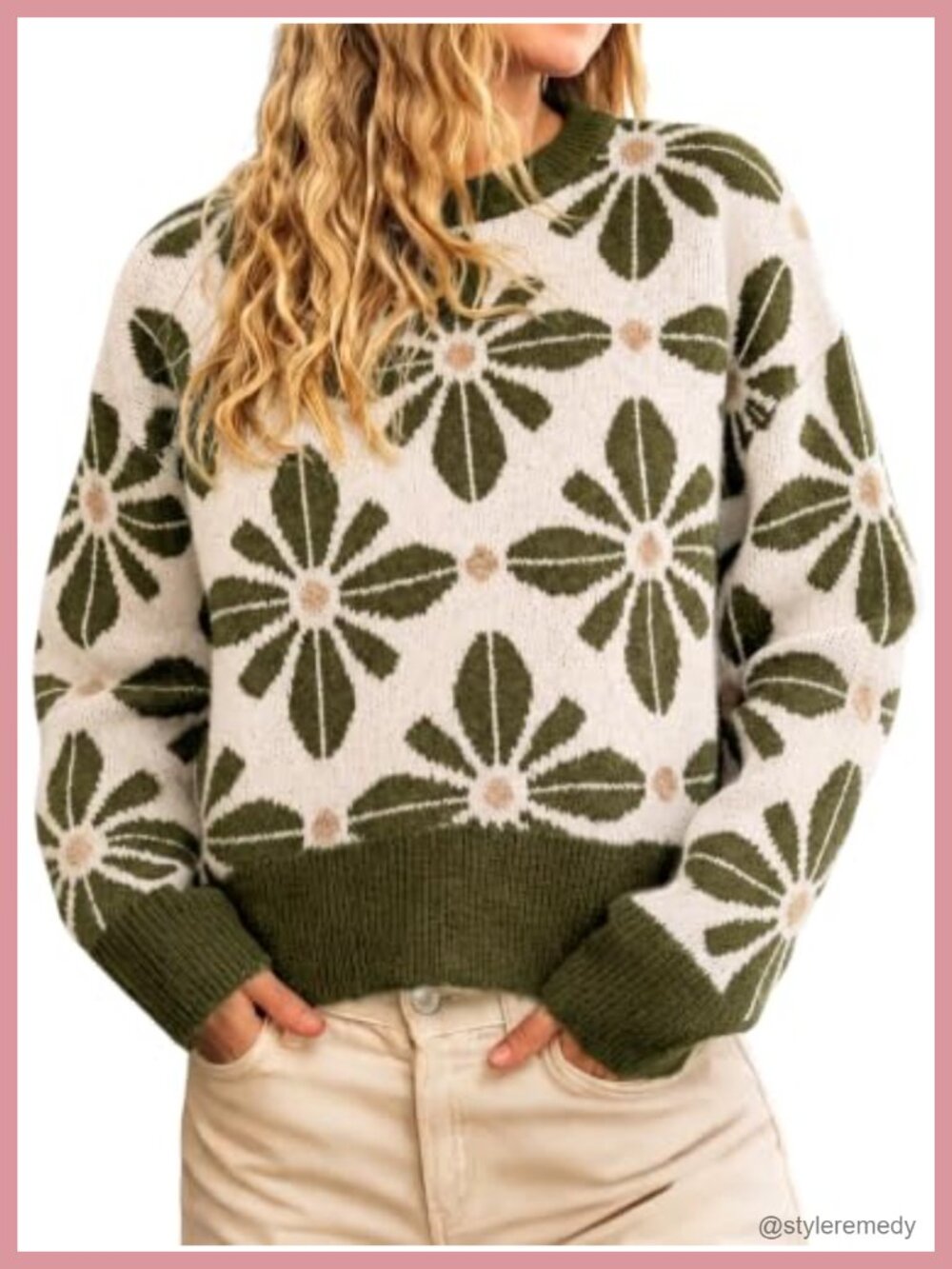 Women's Floral Knit Pullover Sweater, Crew Neck, Long Sleeve, Loose Fit, Drop